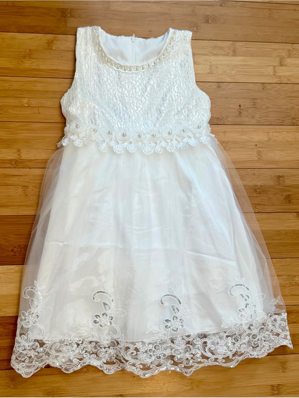 White Lace & Tulle Girls' Formal Dress with Pearl Trim